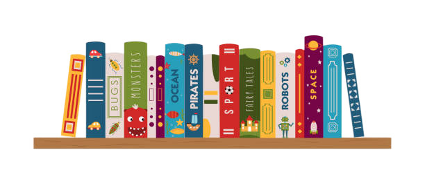 Illustrated books on a shelf in the Spellbound library